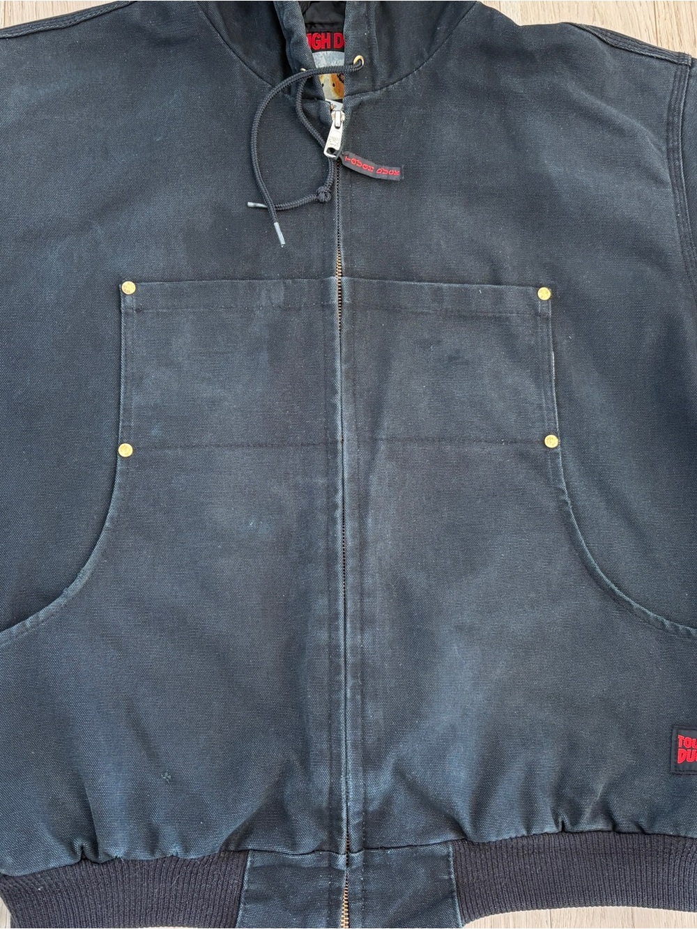 Men's Black Tough Duck Vintage (Large) Hooded Work Jacket! Thrashed, Shredded,